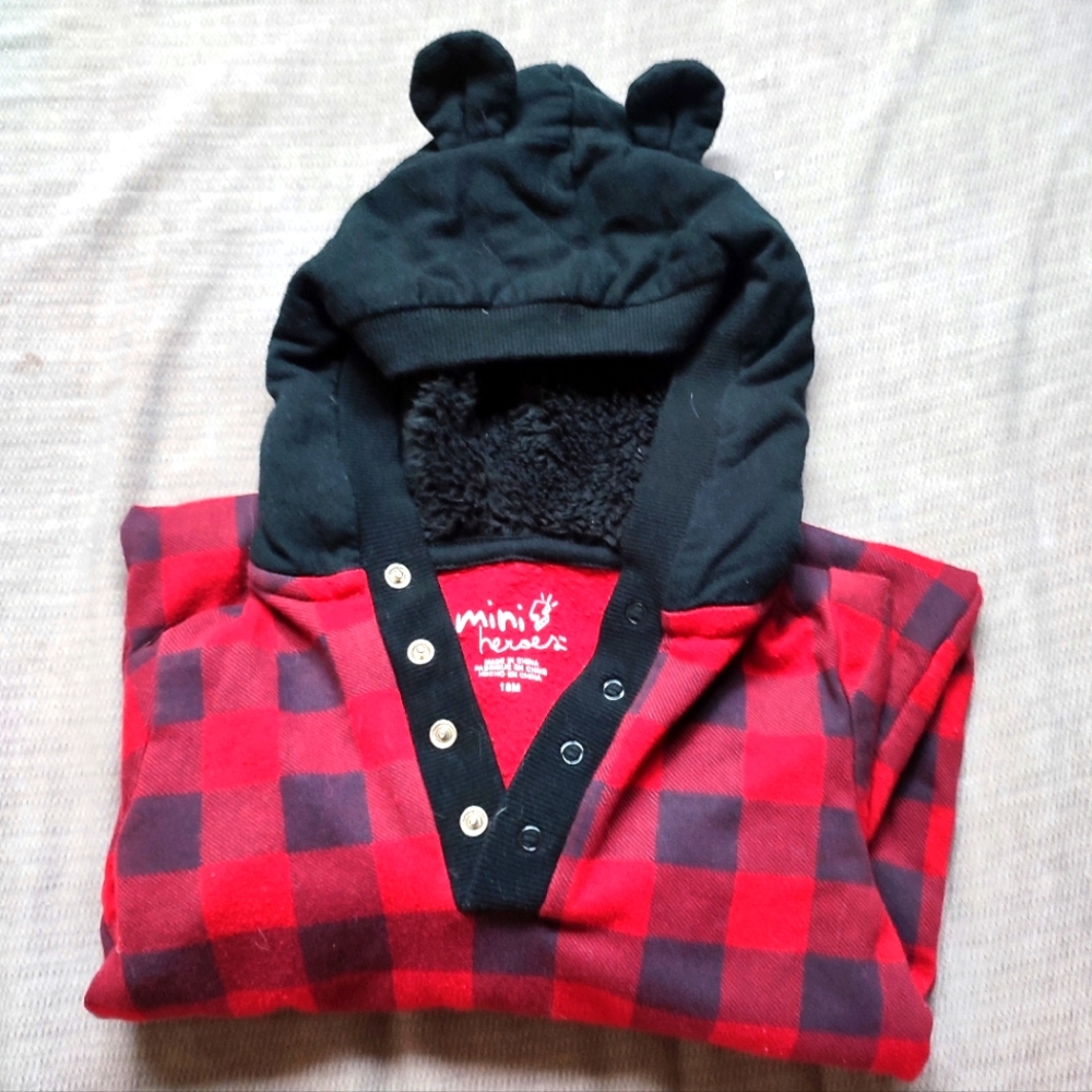 Mini heroes red black plaid onesie
